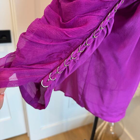 Sachin & Babi Silk Mock Neck Purple Sheer Ruched Sleeve Blouse Small - Picture 5 of 7